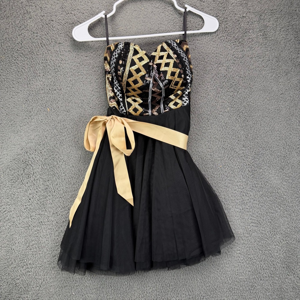 Teeze Me Womens Black Gold Sequin Tulle Fit and Flare Party Dress Size 1/2